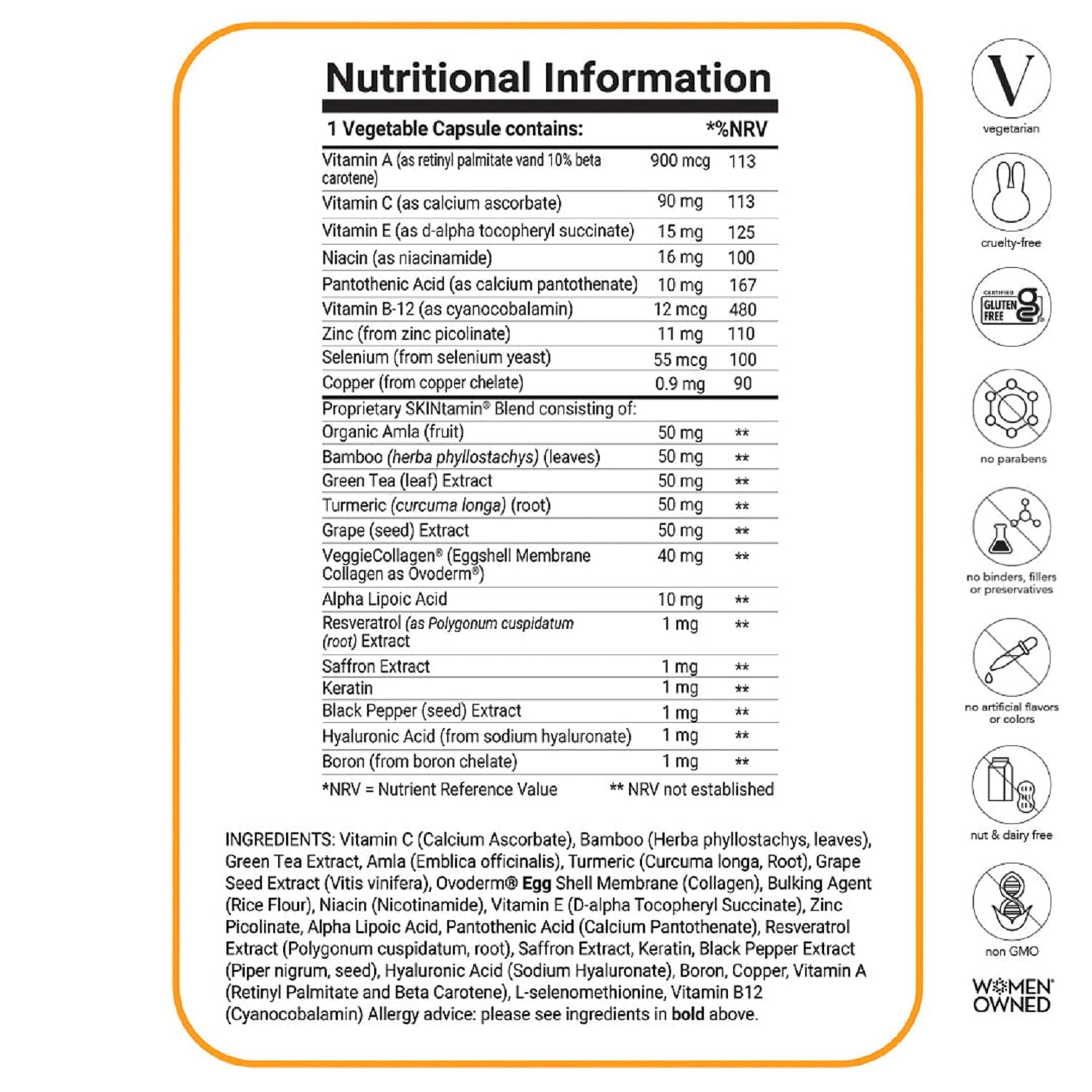 Píldoras de Colágeno Vegetariano HAIRtamin SKINtamin para Mujeres para Firmeza de la Piel y Reducción de Arrugas
