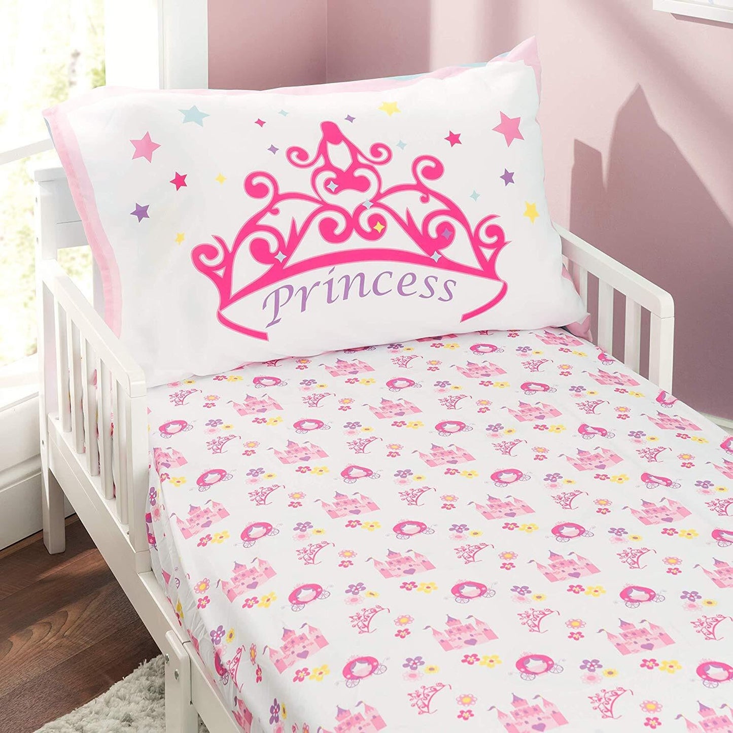 EVERYDAY KIDS Juego de 3 piezas para cama infantil con sábana bajera ajustable, sábana encimera y funda de almohada - Tierra de Princesas - Juego de sábanas para niñas pequeñas de microfibra suave y