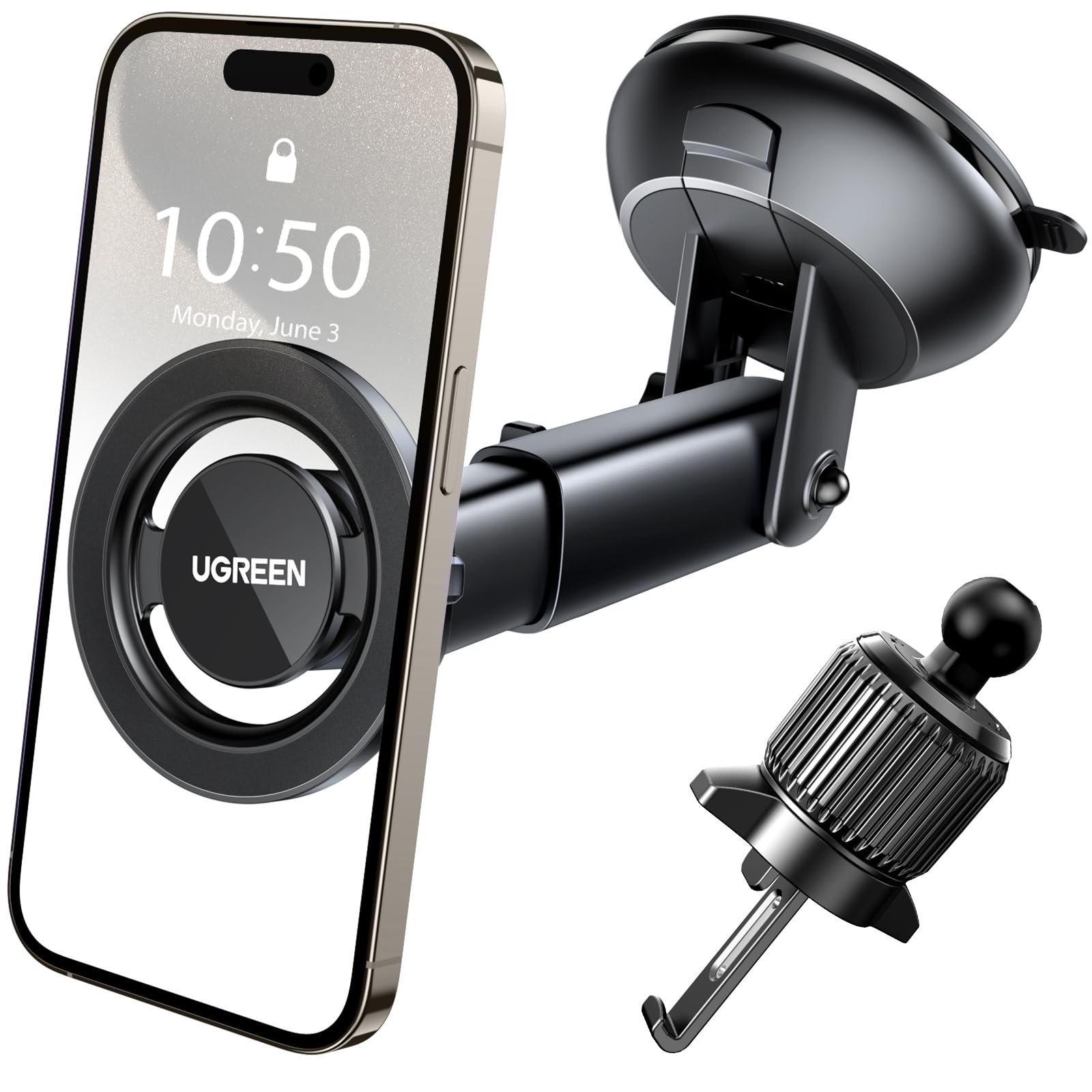 UGREEN Soporte Celular MagSafe para Automovil 2 en 1 con imán Giratorio 360°, ventilación y Ventosa, Base de Auto Compatible con iPhone 16/15/14/13/12 Pro MAX Mini y Otros Celulares con Fundas Magsafe