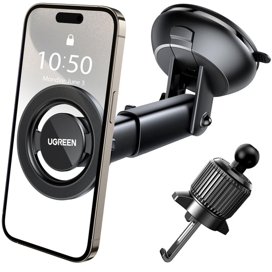 UGREEN Soporte Celular MagSafe para Automovil 2 en 1 con imán Giratorio 360°, ventilación y Ventosa, Base de Auto Compatible con iPhone 16/15/14/13/12 Pro MAX Mini y Otros Celulares con Fundas Magsafe