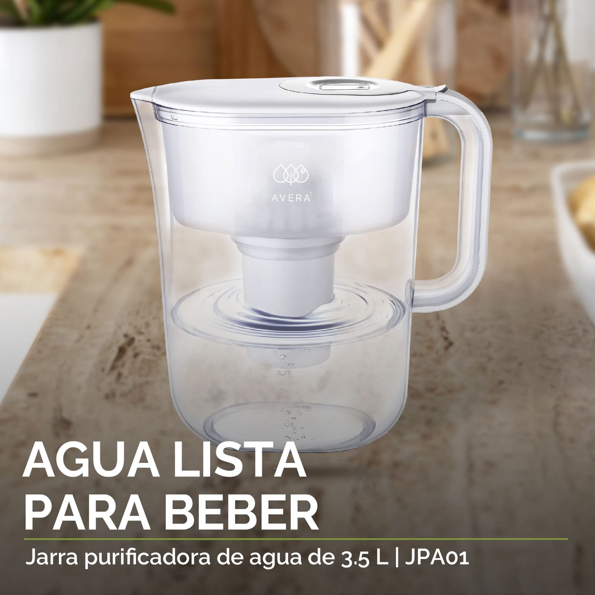 AVERA Jarra de agua con filtro de carbono activado con 4 etapas de filtrado, Agua pura y libre de materiales pesados, Capacidad de 3.5L | JPA01