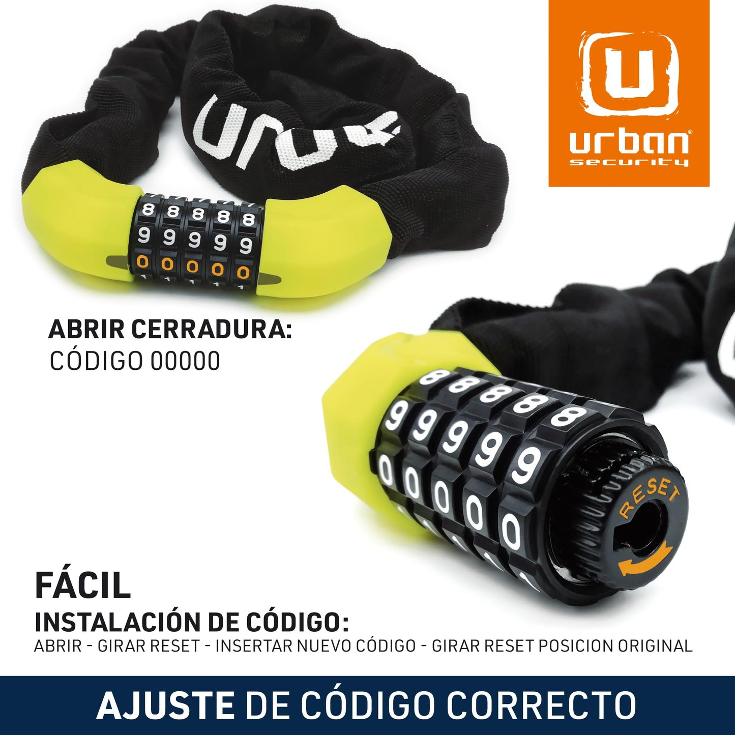 URBAN UR890 Candado de Bicicleta Cadena Antirrobo Moto con Combinación de Código de Seguridad y Funda Textil Bici Scooter Patinete Acero de Ø8 100cm