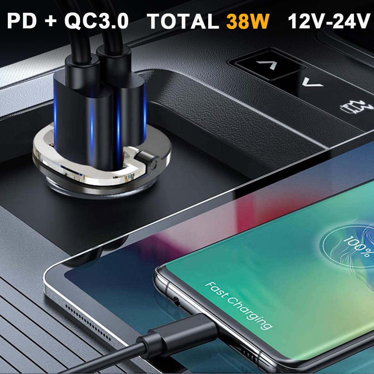 MOYAC Cargador para Auto, Carga Rápida con USB C PD 20W y USB QC3.0 18W, Cargador Metálico de Coche 38W, Compatible con iPhone 14/15/16, iPad Pro/Air/Mini, Galaxy S24/S23/S22, Xiaomi