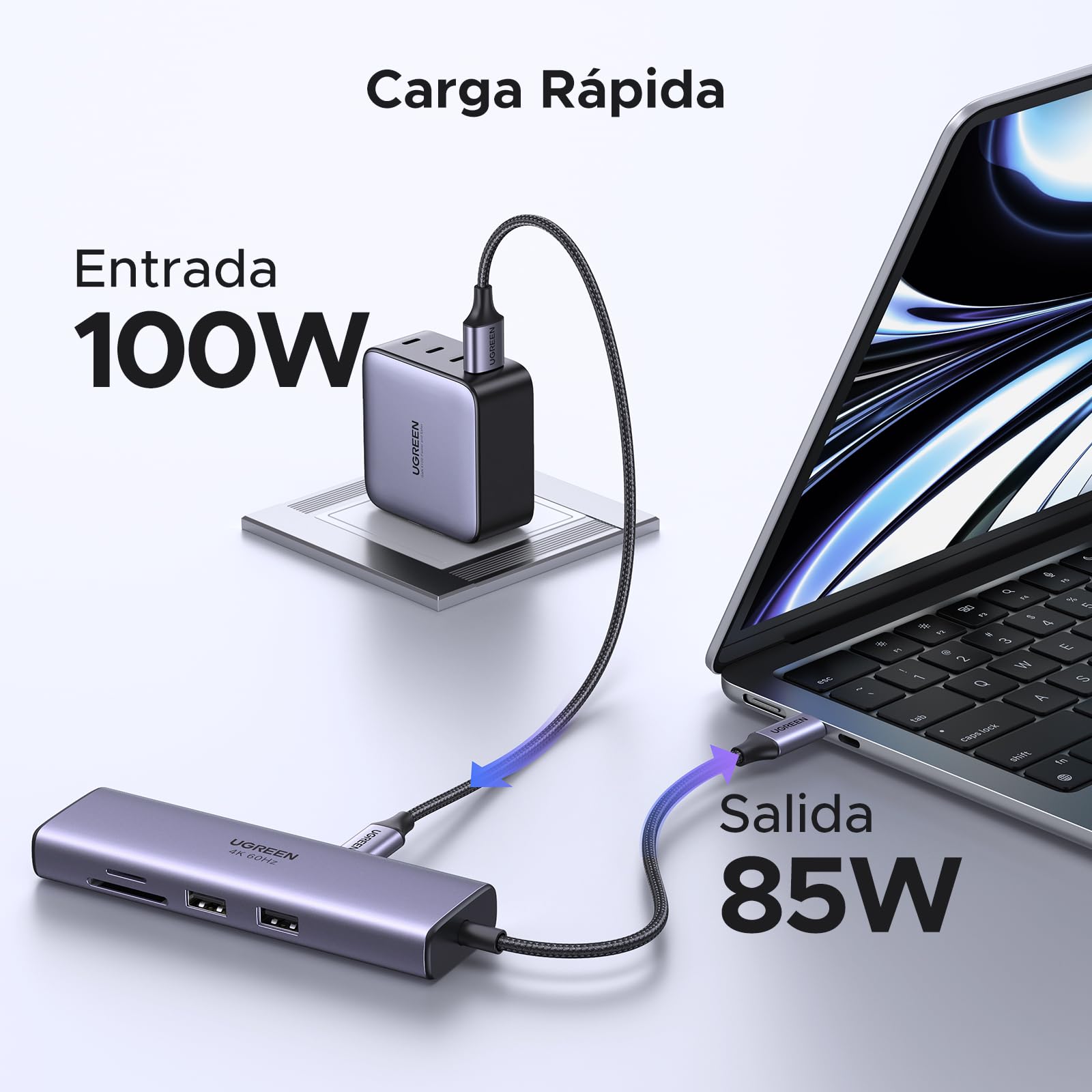 Hub USB C UGREEN Plata 7 en 1 Adaptador a HDMI 4K 60Hz Gigabit Ethernet Carga 100W Lector de Tarjetas SD TF 2 USB 3.0 Compatible con MacBook Pro iPad DELL Switch Steam Deck