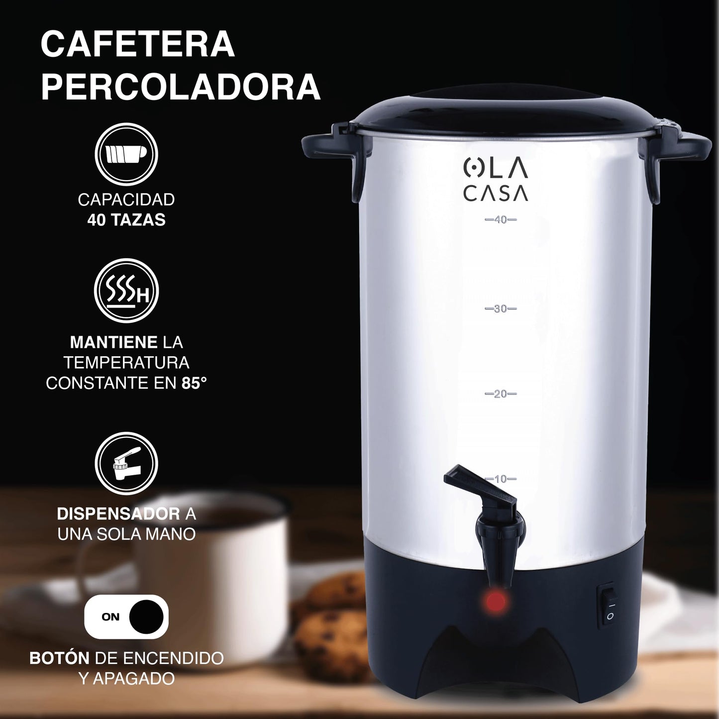 Cafetera Eléctrica Urna Acero Inoxidable 40 Tazas Filtro Permanente
