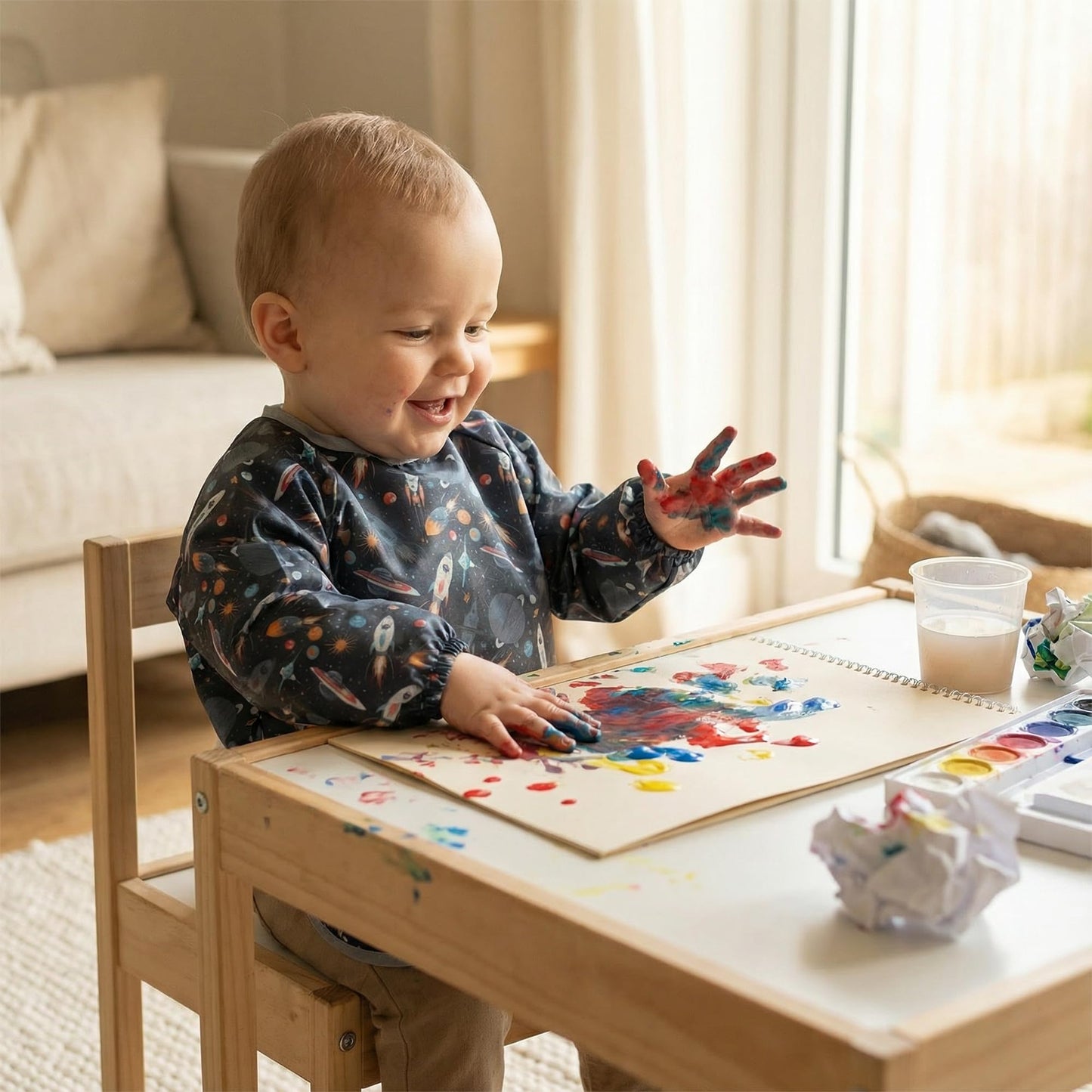 HAMUR HOME - Babero de manga larga para bebé de 6 a 24 m, impermeable, a prueba de desorden, para destete LED, lavable a máquina, ligero, para bebés y niños pequeños, Galaxy