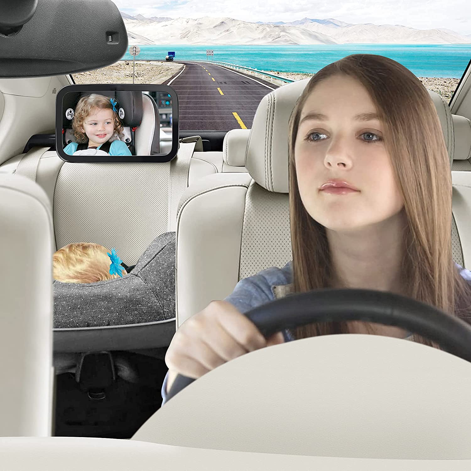 Espejo Bebé Coche - Espejo Asiento Coche Espejo Grande de Seguridad para Niños en Sentido Contrario a la Marcha | Amplia Visión | Inastillable | Rotación de 360° Espejo de Observación para Bebé