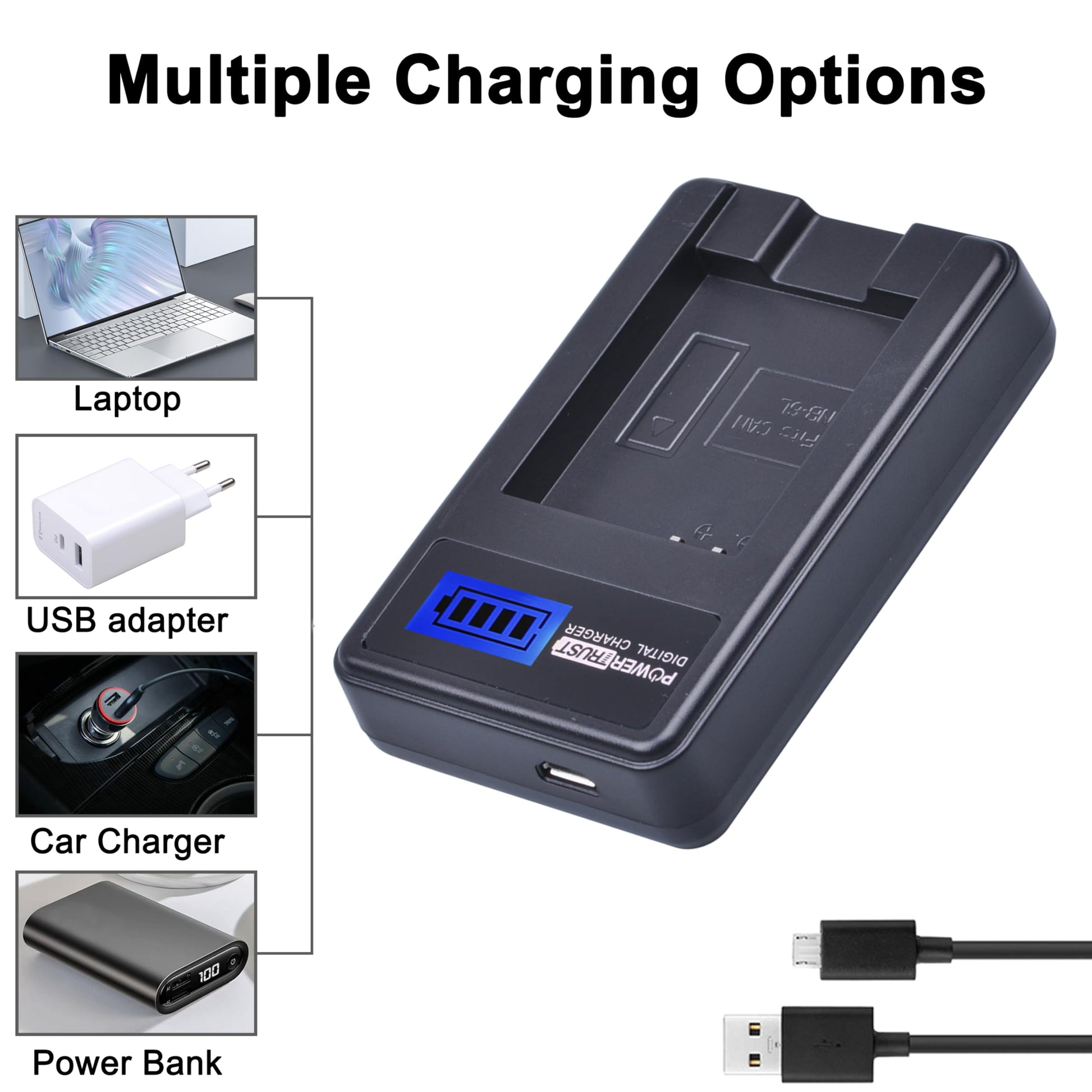 Paquete de Baterías PowerTrust NB-6L NB-6LH con Cargador USB LCD para Cámara Canon Color Negro