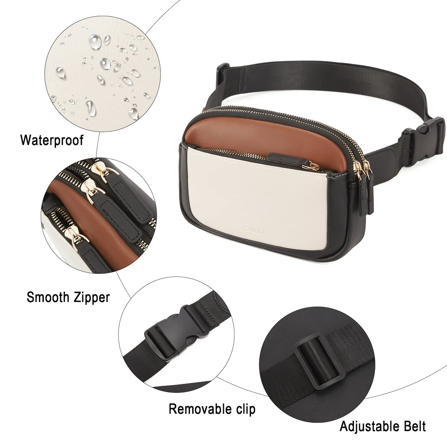 CLUCI - Riñonera para mujer, mini bolso cruzado en todas partes, correa ajustable, piel vegana, riñonera para mujer, A-1 Negro y café con Blanquecino, Una talla