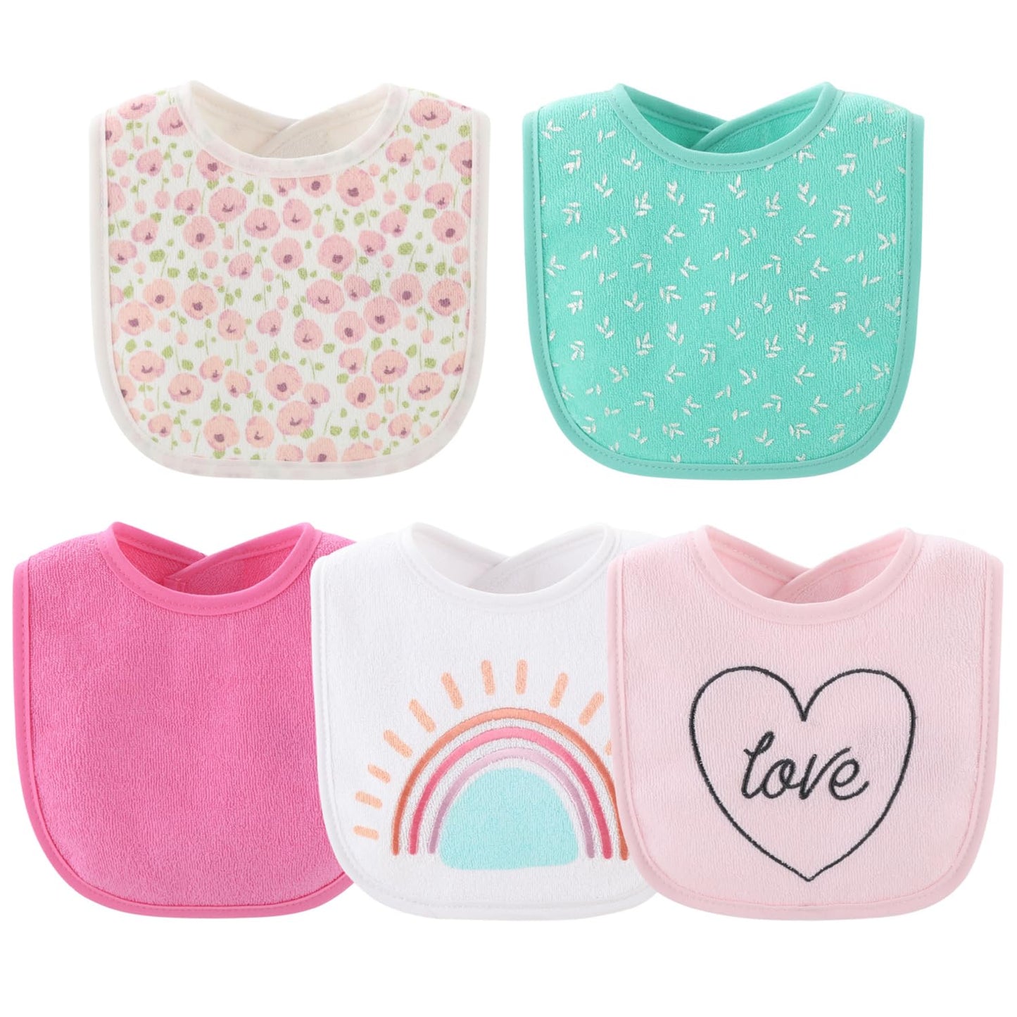 The Peanutshell - Juego de baberos de rizo para bebé, 10-100% algodón, suaves y absorbentes para niñas, baberos para recién nacidos y bebés, diseño floral arcoíris