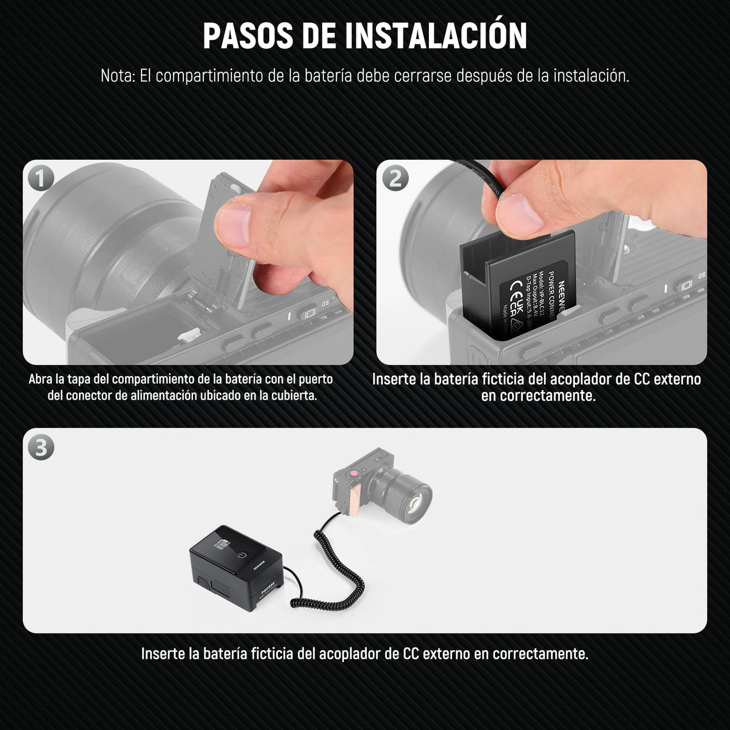 NEEWER D Tap a DMW-BLC12 Batería Ficticia para Batería Montaje en V, Compatible con Panasonic Lumix DMC-G7 G85 G5 FZ300 FZ2500 FZ1000 GH2 FZ200 G6 GX8 DC-Z1000 II G95 Sigma FP FP L V-LUX 5, VP-BLC12