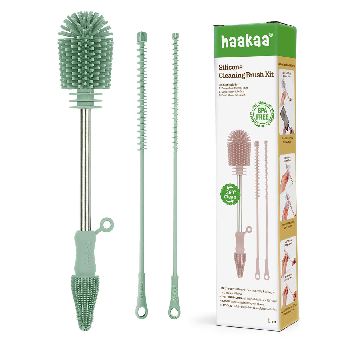 Haakaa Kit de cepillo para polvo de limpieza de silicona, verde