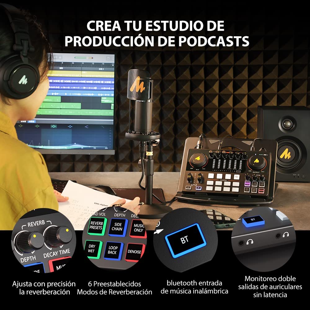 MAONO Mezcladora Interfaz de Audio con Micrófono Condensador XLR, Caster Podcast Studio Kit Todo en Uno para Grabación, Streaming, voz en off, Youtube, DJ, PC, Guitarra (AME2A)