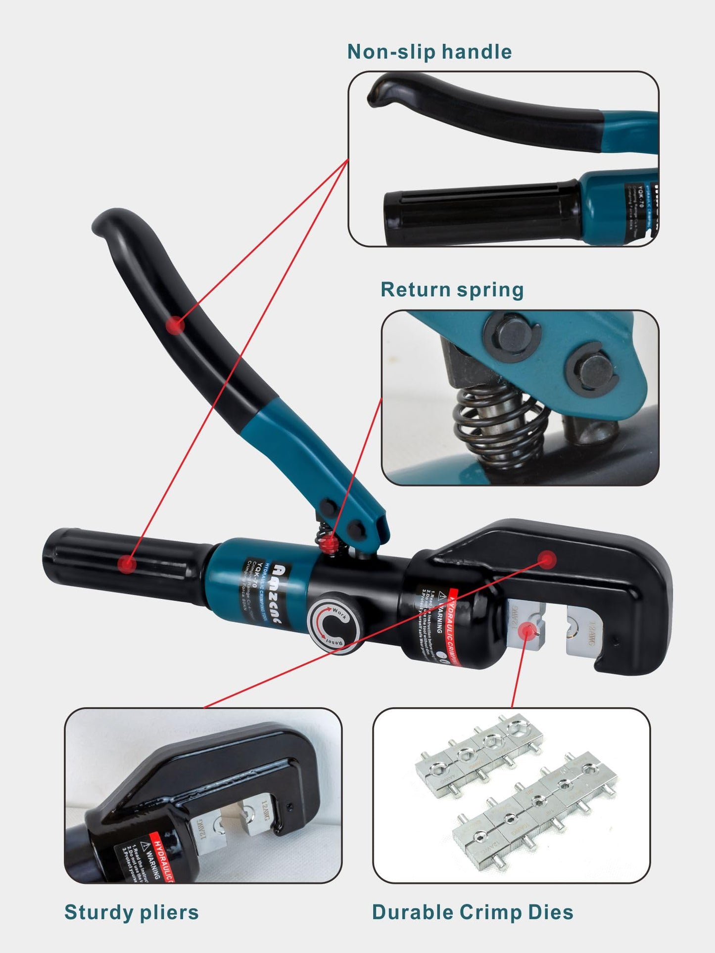 Herramienta de prensado hidráulica manual de 12 AWG-2/0 AWG para terminales de cable, crimpadora hidráulica, herramienta de terminales de alambre con 9 pares de troqueles