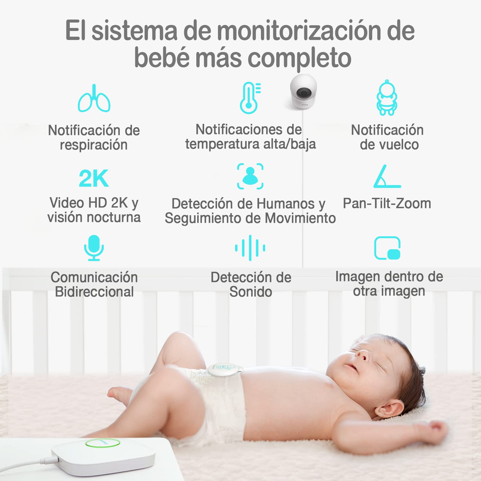 Monitor de Bebé Sense-U Blanco Inteligente 2K con Cámara PTZ y Sensores Avanzados