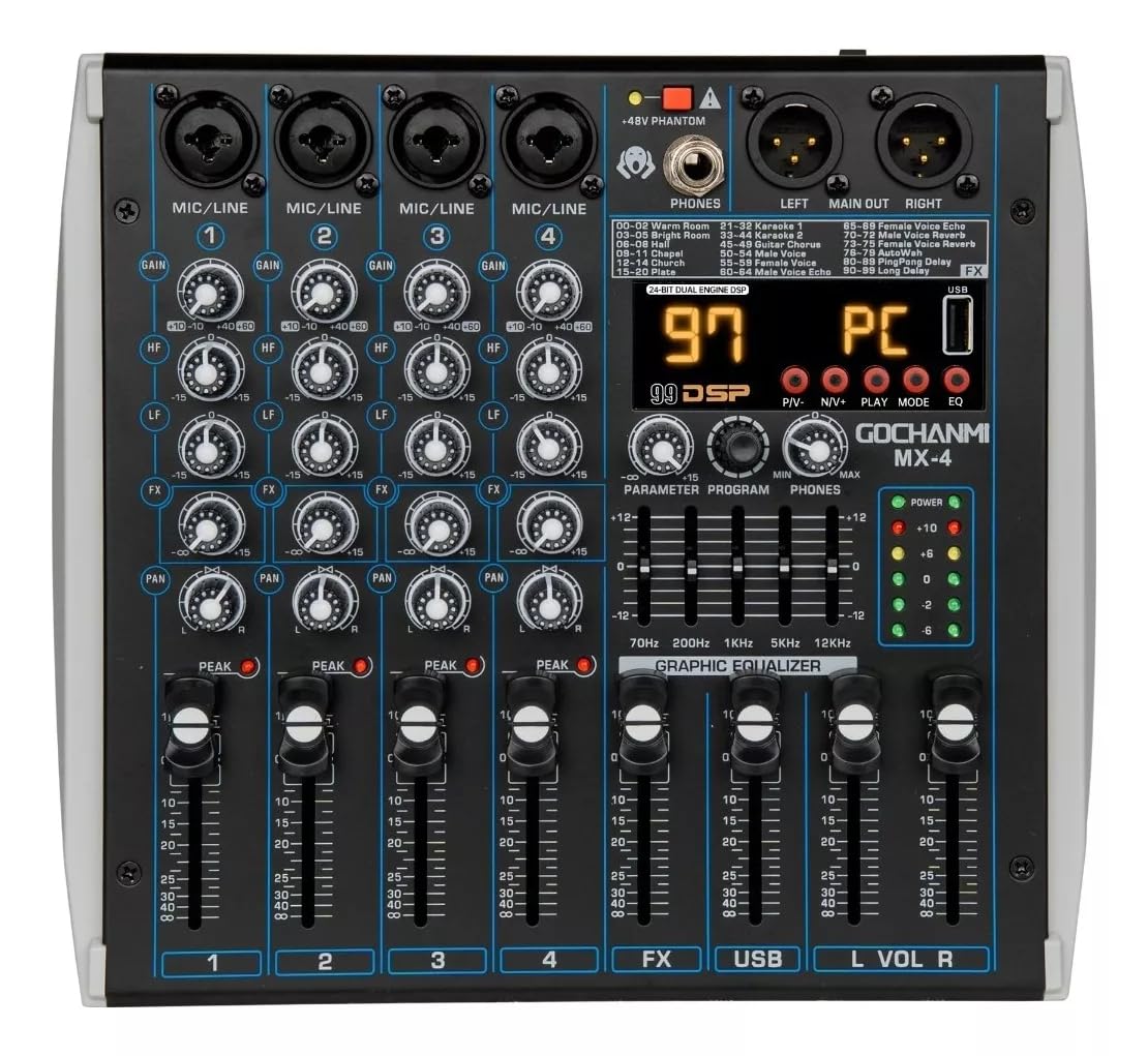 GOCHANMI MX4 Mini Mezclador Profesional Portátil De 4 Canales Con 99 Efectos DSP Interfaz Bluetooth&USB De Alimentación Phantom 48V Consola De Sonido Audio De Estudio Para DJ Grabación Broadcast (MX4)