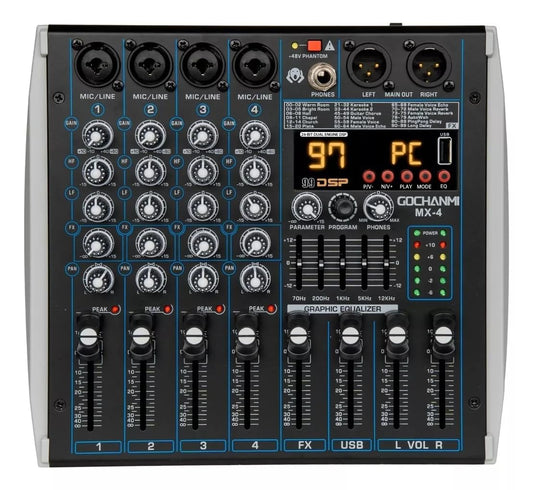 GOCHANMI MX4 Mini Mezclador Profesional Portátil De 4 Canales Con 99 Efectos DSP Interfaz Bluetooth&USB De Alimentación Phantom 48V Consola De Sonido Audio De Estudio Para DJ Grabación Broadcast (MX4)