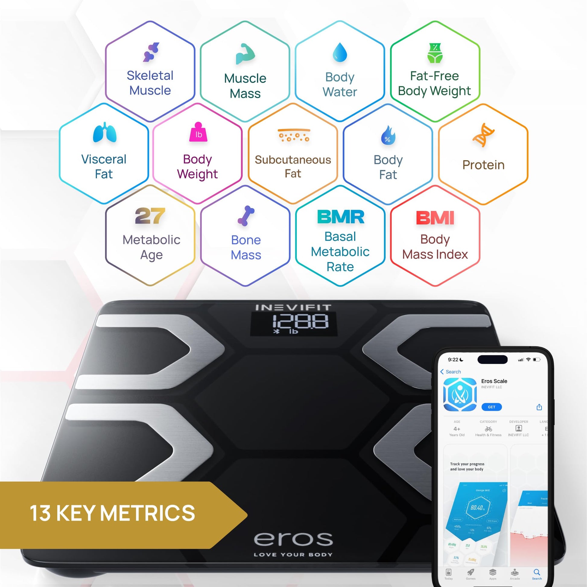 INEVIFIT EROS - Báscula digital de baño con Bluetooth y aplicación inalámbrica para smartphone (400 libras, 11,8 x 11,8 pulgadas), Negro, Large Platform 11.8"X11.8"