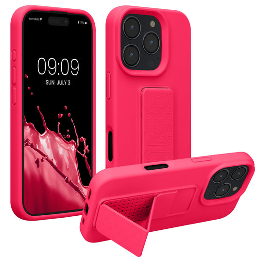 Carcasa kwmobile Compatible con Apple iPhone 16 Pro Rosa neón con Soporte y Agarre para Dedo