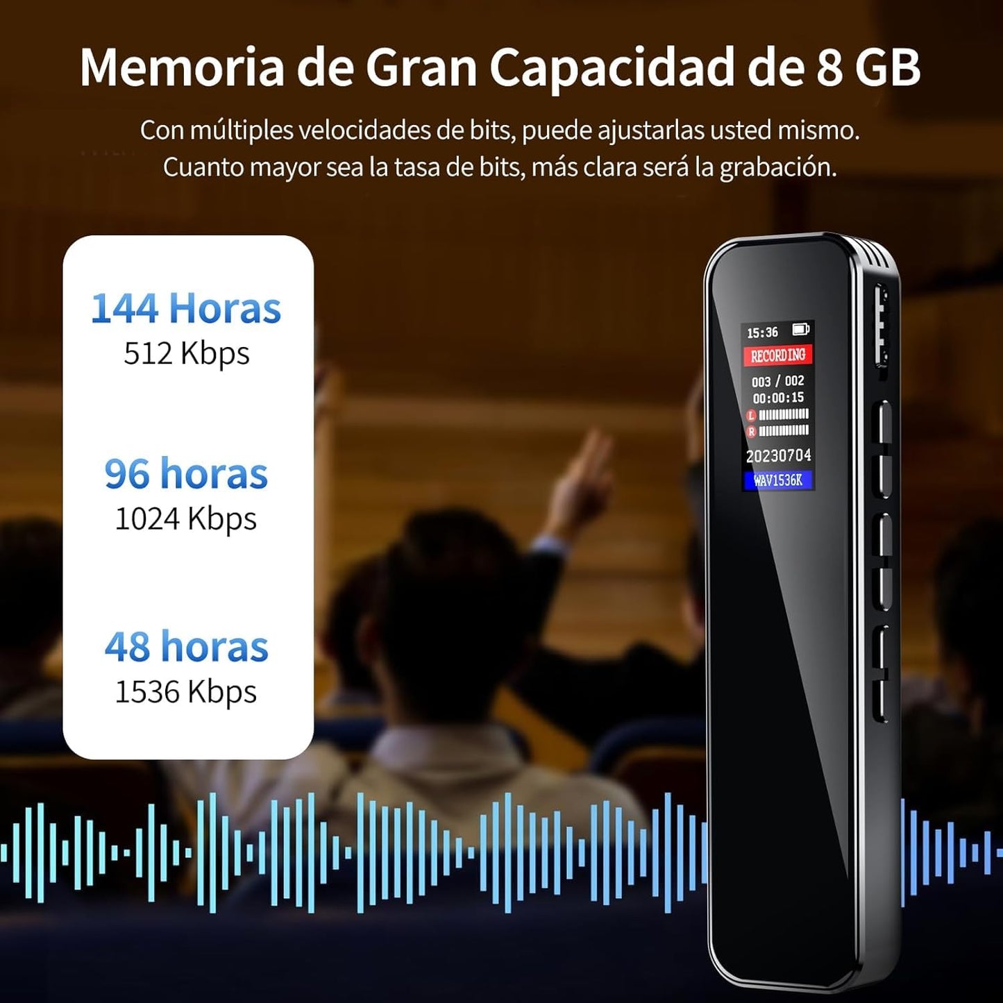 Gurkitsy Grabadora de Voz, Grabadora activada por Voz, Recargable Portátil con Memoria Interna de 8GB, Reproductor de MP3 con Función Altavoz, de Digital Inteligente para Reuniones