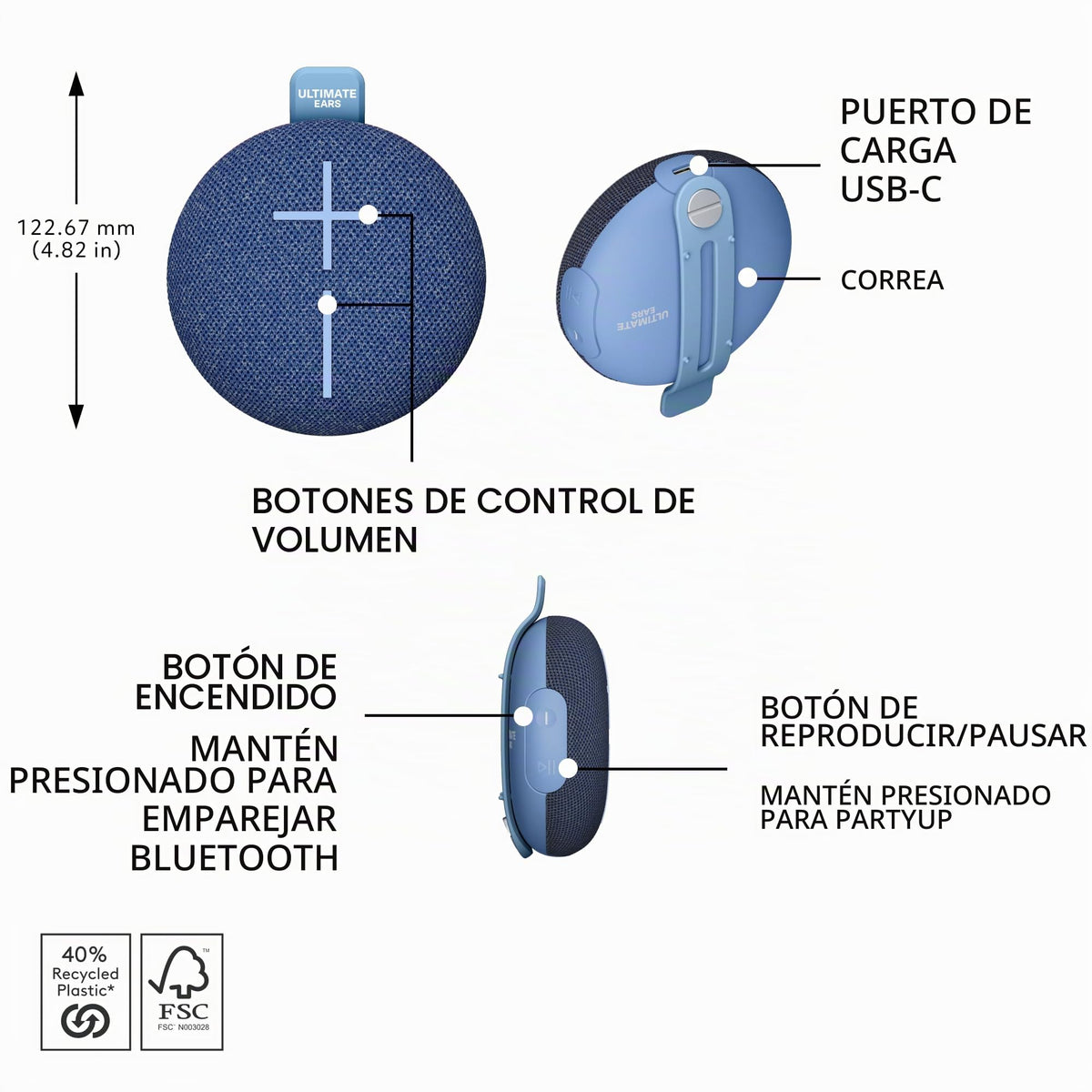 Altavoz Bluetooth Ultraportátil Ultimate Ears Azul Suave Impermeable IP67 a Prueba de Polvo