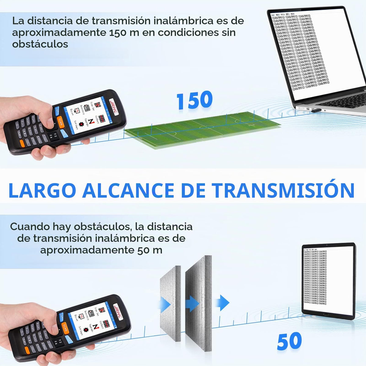 Escáner de Inventario JRHC Negro Inalámbrico Láser 1D de Larga Distancia con Pantalla LCD de 2.8 Pulgadas Multifuncional
