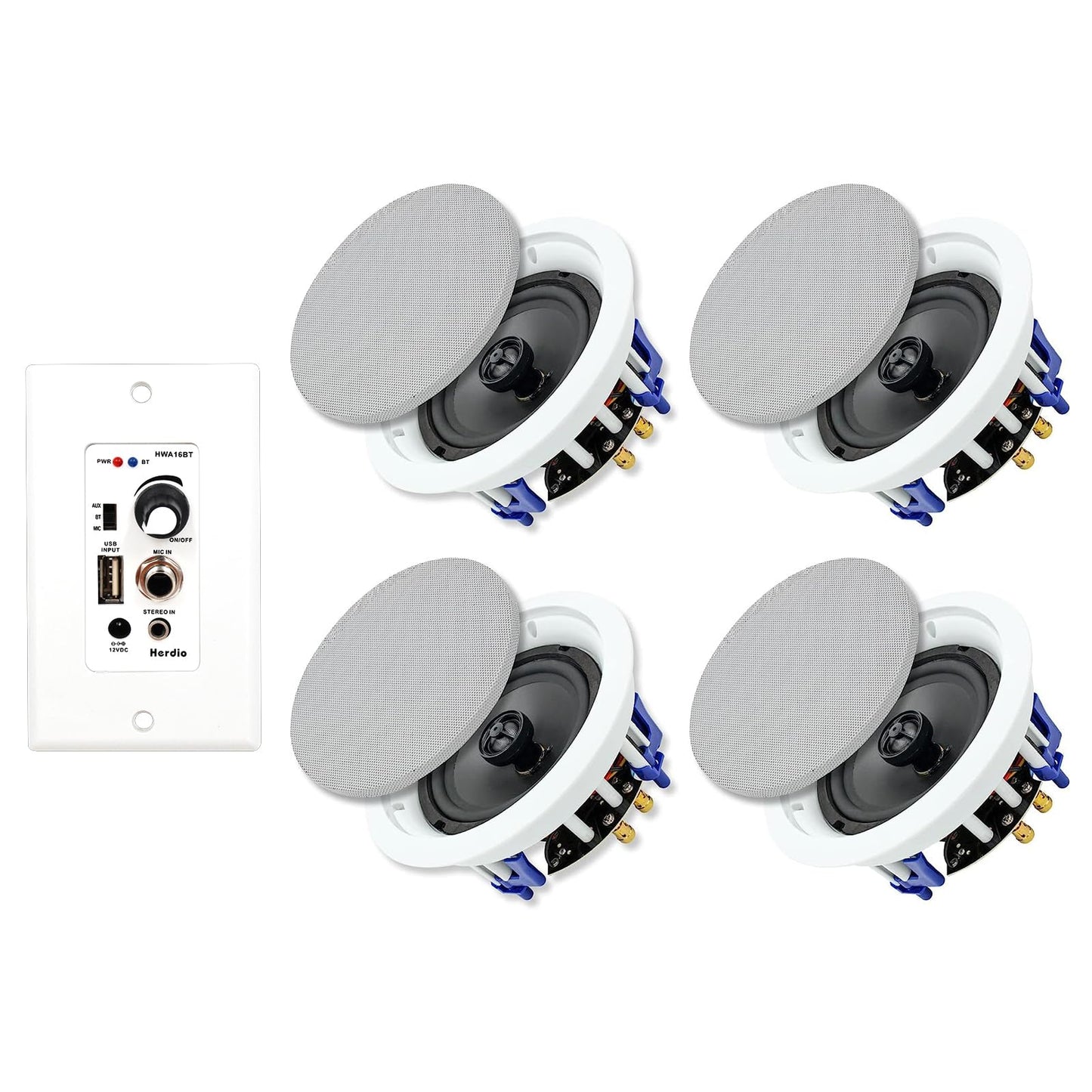 Herdio Altavoces de Techo de 5.25 Pulgadas, 600 W, Montaje Empotrado de 2 vías con Receptor Amplificador de Montaje en Pared, Perfecto para Cine en casa, baño, Compatible con Bluetooth(4 Altavoces)