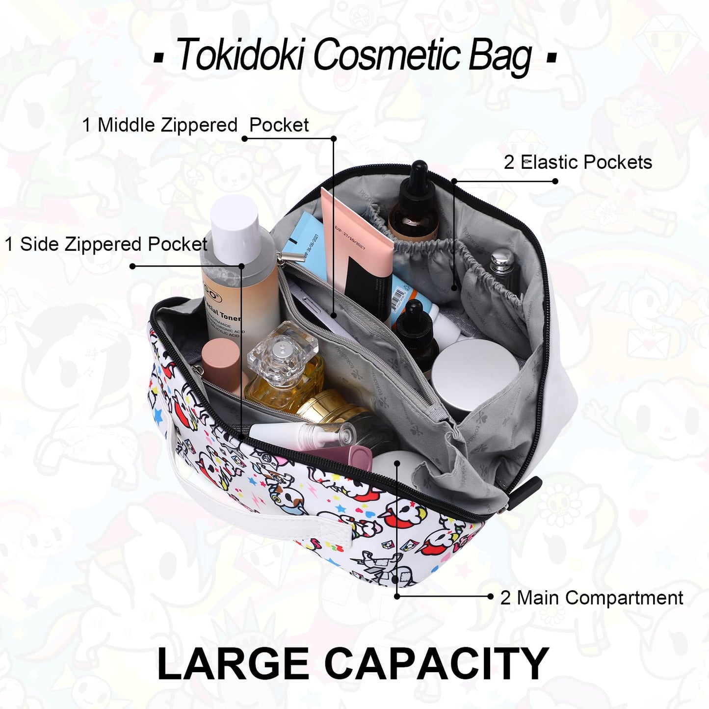Tokidoki Unicorno Bolsa de maquillaje de viaje, bolsa de aseo plana abierta de gran capacidad, bolsa de cosméticos con asa y divisor, bolsa de maquillaje portátil de dibujos animados, Blanco