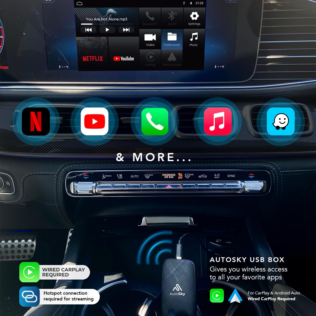AutoSky Wireless CarPlay y Android Auto AI Box Lite para coches CarPlay con cable de fábrica - Compatible con Netflix y YouTube Must use Hotspot - Go Wireless CarPlay y Android Auto. CarPlay con cable