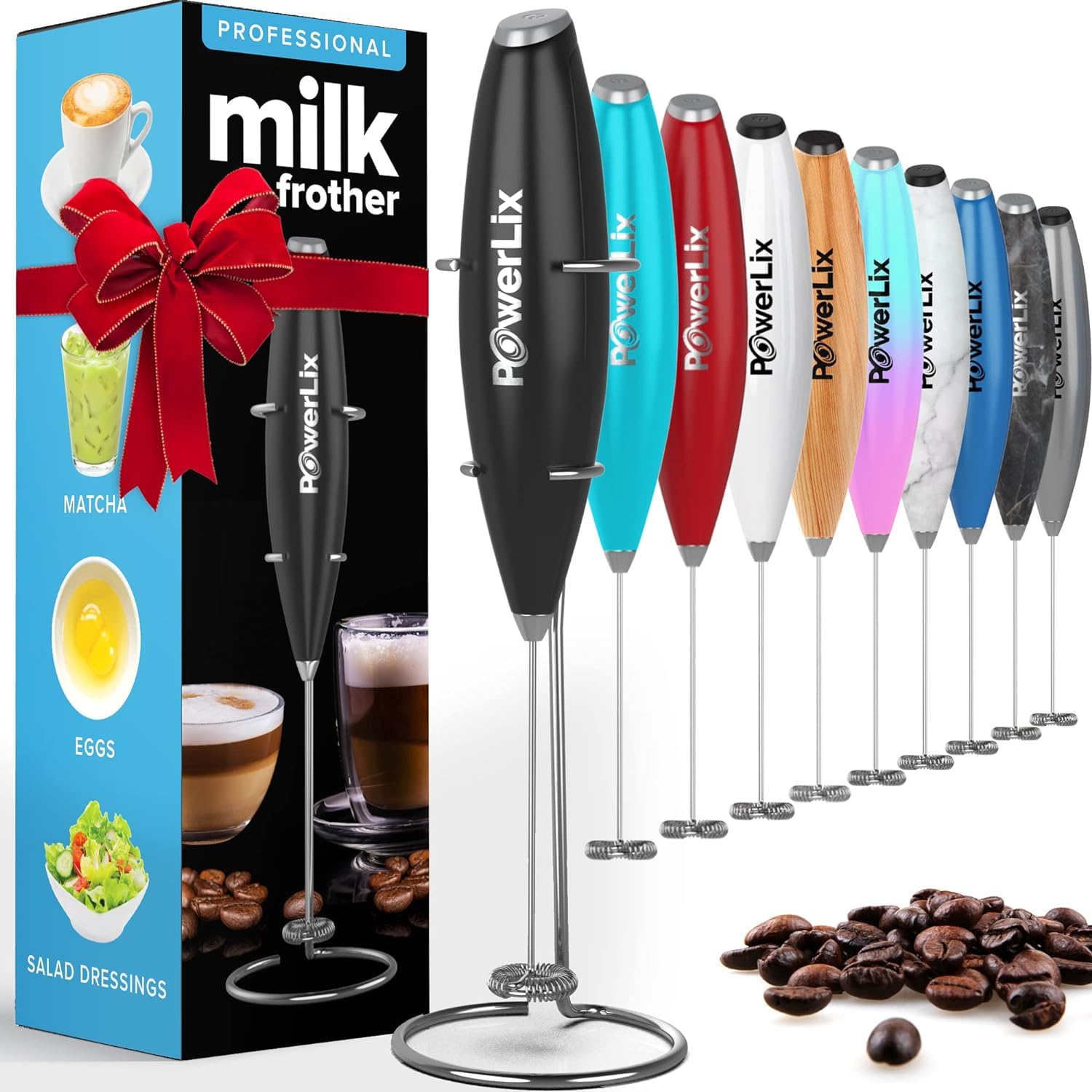 Espumador de Leche POWERLIX Negro Duradero con Batidor de Acero Inoxidable y Soporte Incluido