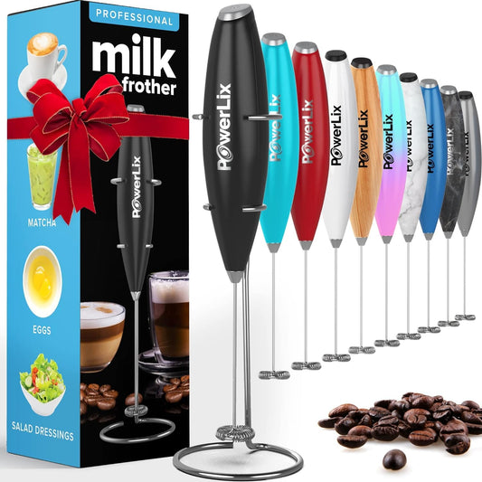 Espumador de Leche POWERLIX Negro Duradero con Batidor de Acero Inoxidable y Soporte Incluido