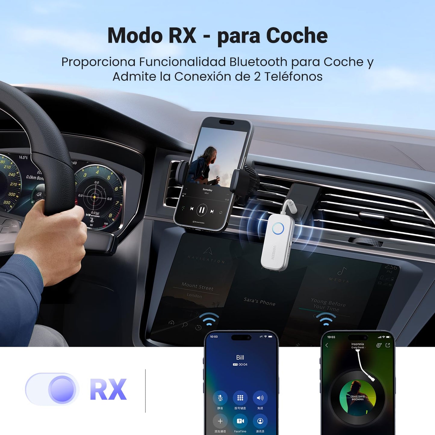 UGREEN Receptor transmisor Bluetooth para 2 Airpods o Auriculares, Airplane Travel Essentials 2 en 1 Adaptador Bluetooth inalámbrico para Uso con Cualquier Conector de 3.5 mm en Vuelo, TV, estéreo