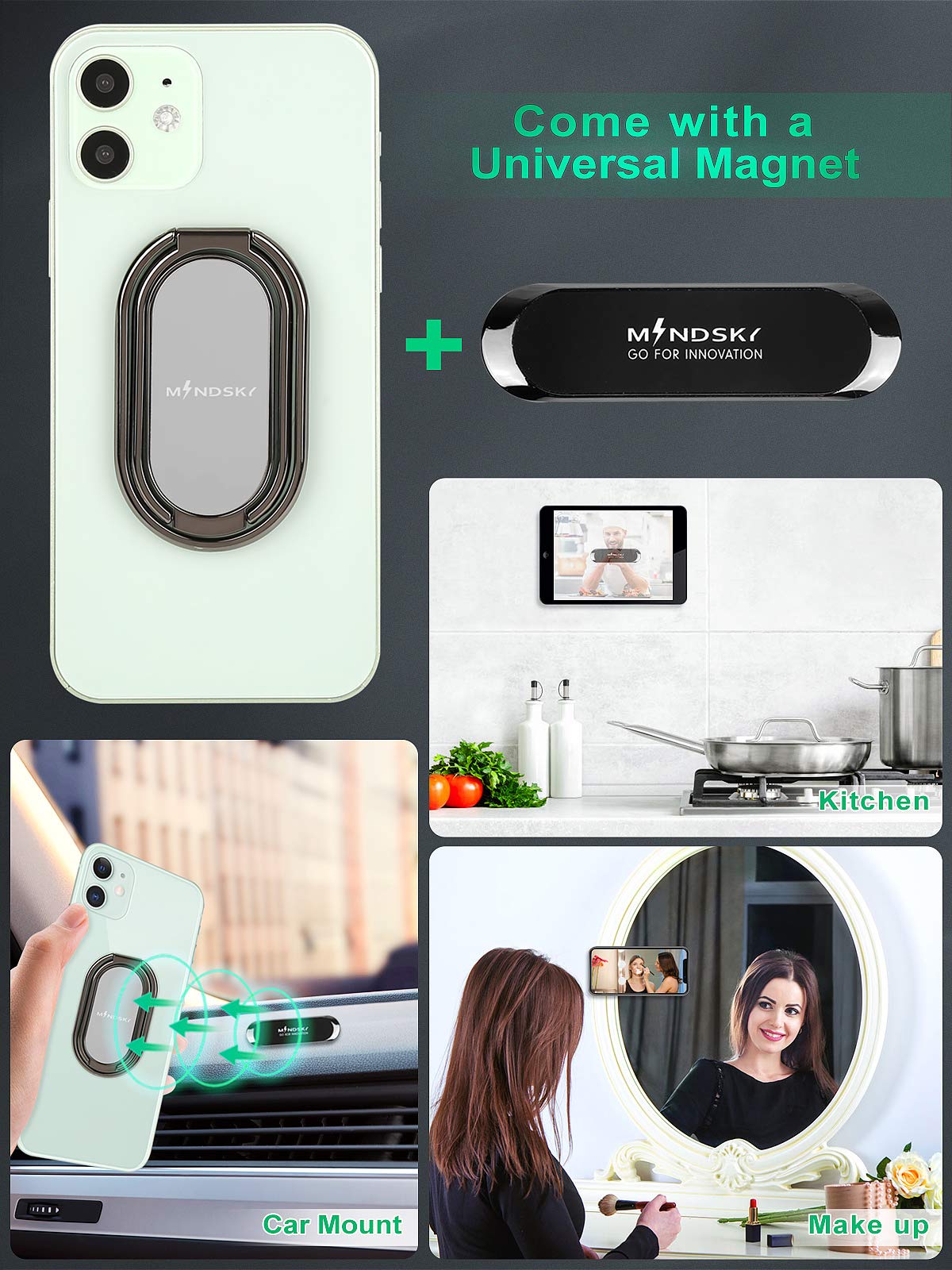 Soporte de Anillo para Teléfono Celular Compatible con iPhone iPad y Smartphones con Rotación de 360 Grados y Soporte Magnético Universal para Coche
