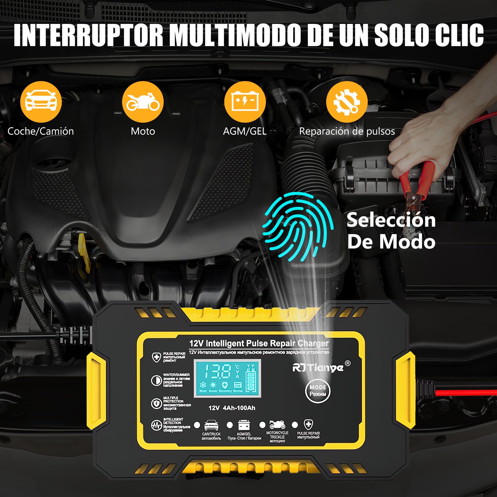 Cargador de Bateria 12V 6A, Cargador Bateria Coche con Visualización LCD y Abrazaderas, Arrancador de Bateria GEL, AGM, WET para Auto Inteligente Mantenimiento de Batería, Para Coche, Moto, Camiones