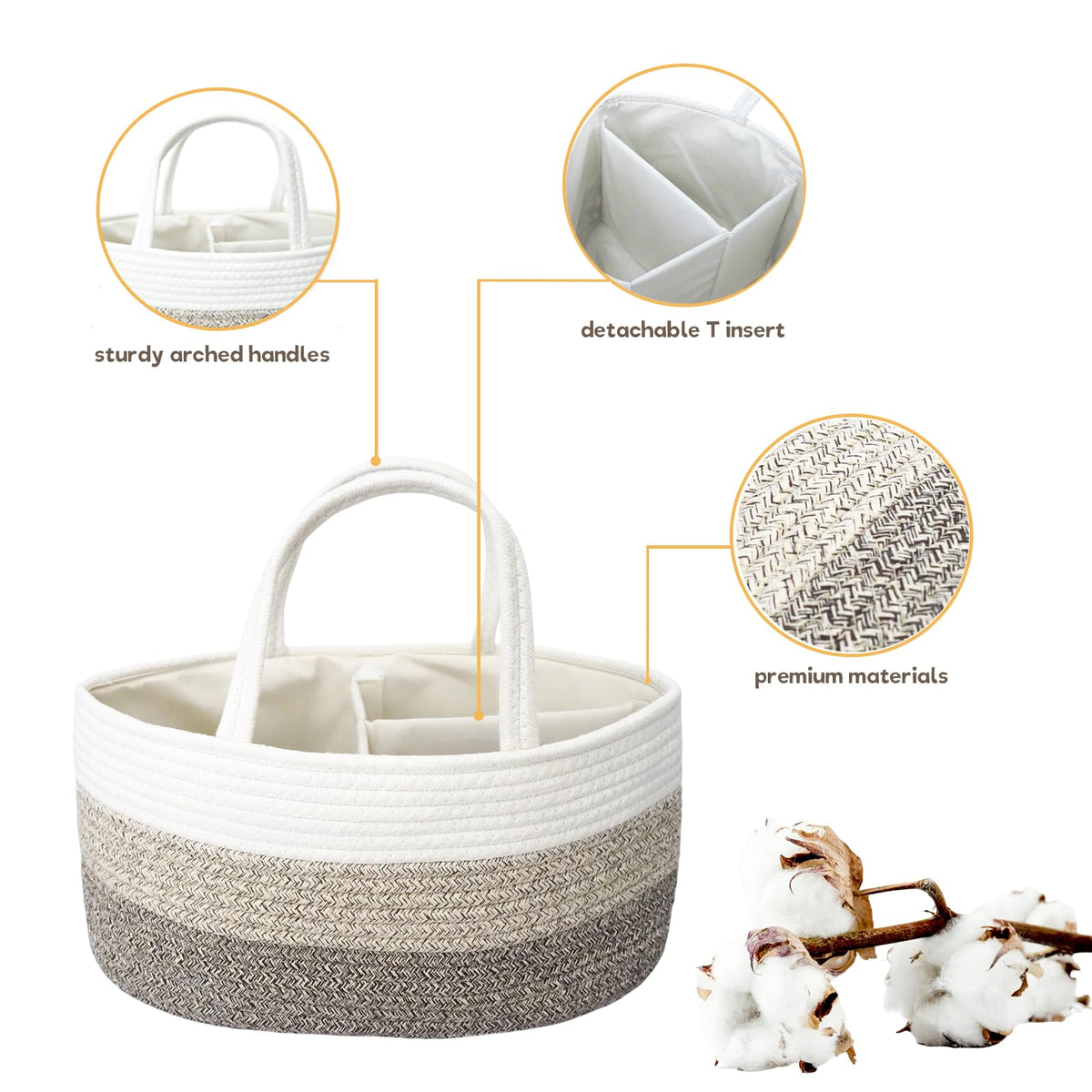 Organizador de pañales para bebé, cesta de pañales grande de cuerda de algodón, organizador de cambiador, bolsa portátil con divisor, almacenamiento de coche, regalos de baby shower para niñas recién