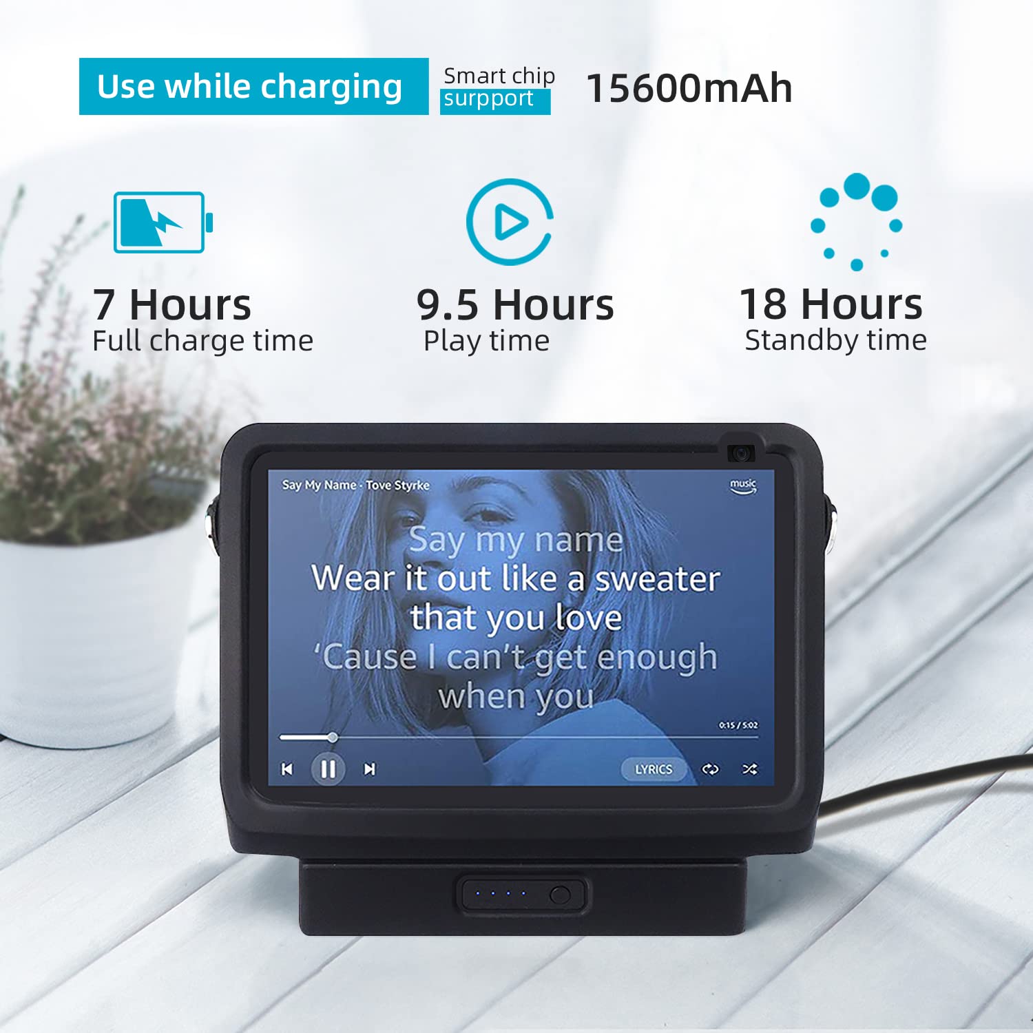 Base de batería para Show8 de 1ª y 2ª generación, portátil Show8 2ª cargador, soporte de batería para altavoz Smarts 15600 mAh, 9.5 horas de tiempo de trabajo con asa, negro..