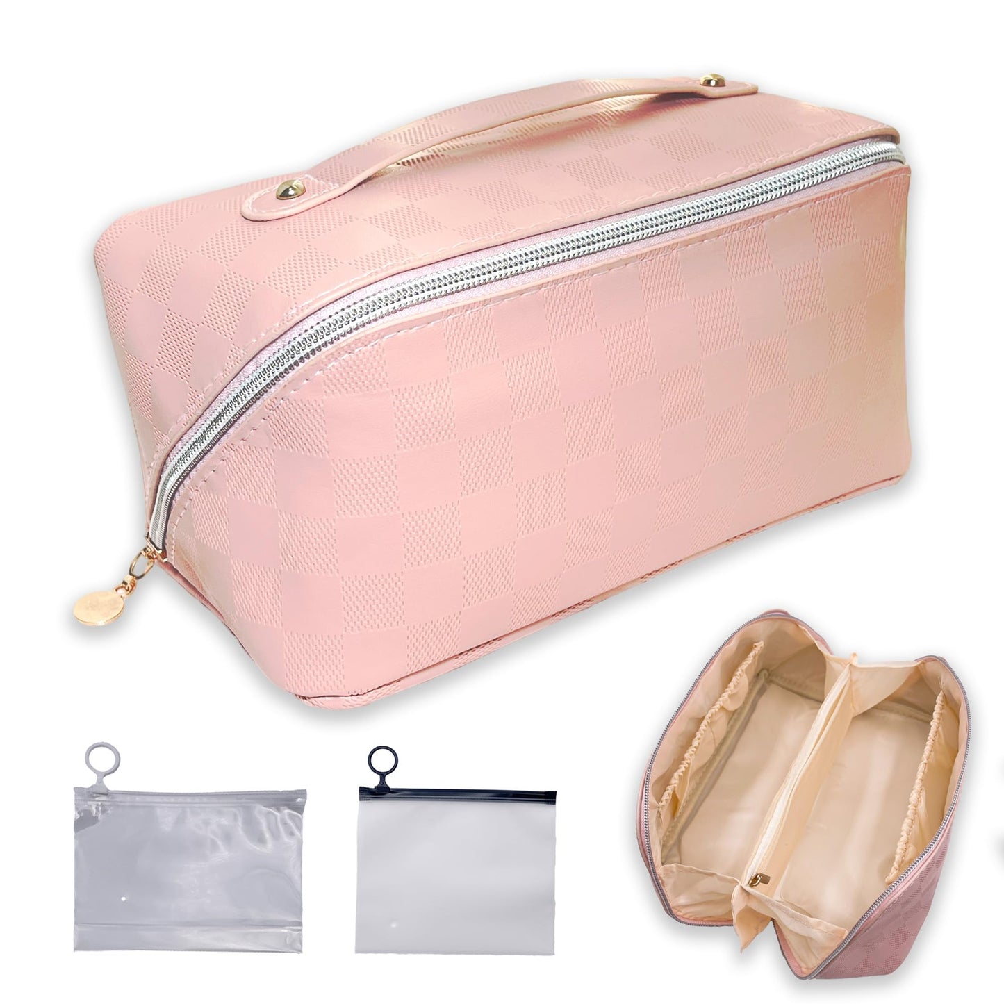 Meruya Bolsa de maquillaje de viaje, organizador de cosméticos de múltiples bolsillos con apertura amplia y divisor, bolsa de aseo de piel sintética con 2 mini bolsas de almacenamiento, Rosado