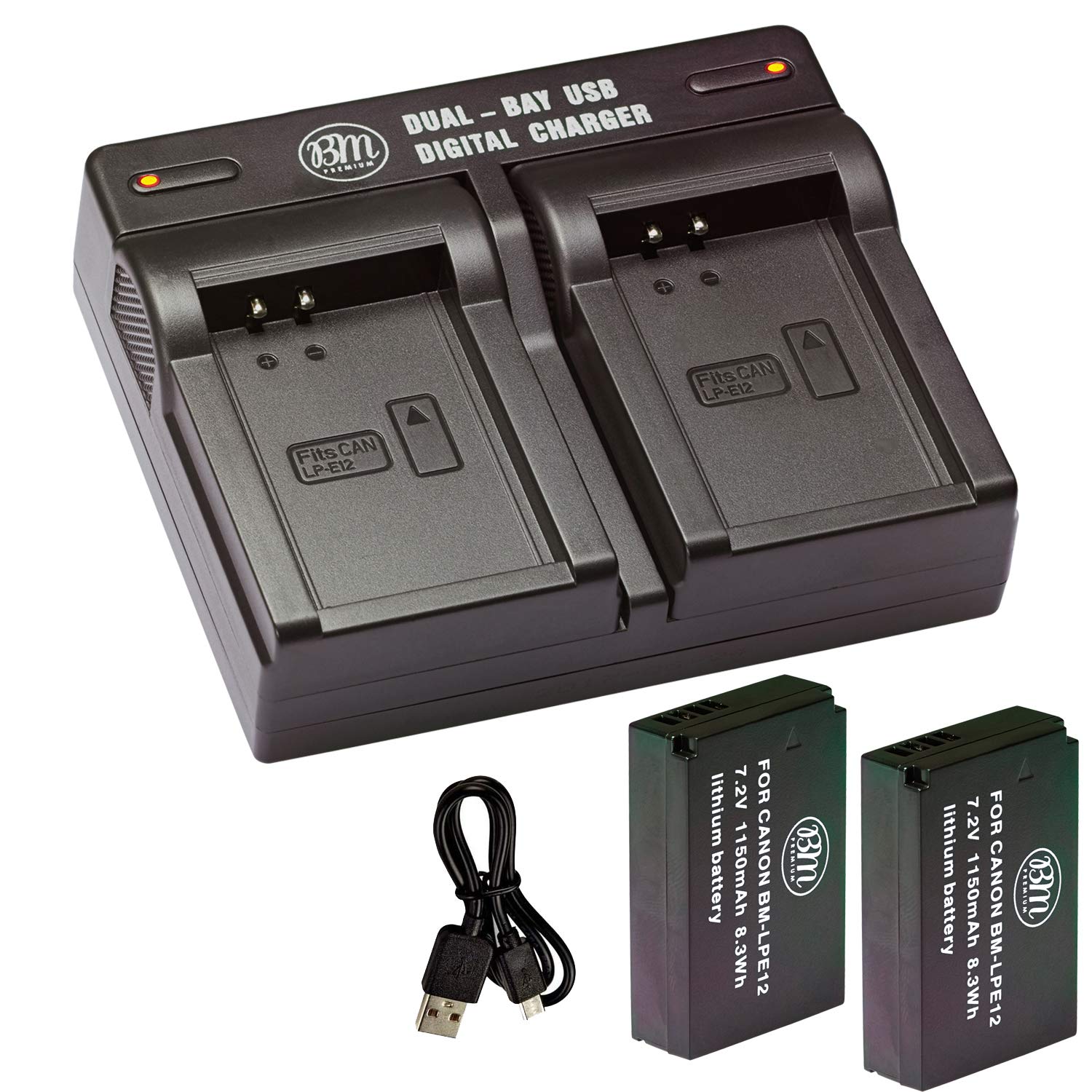 BM Premium 2-Pack Of LP-E12 Batteries and USB Dual Battery Charger for Canon Rebel SL1 100D, EOS-M, EOS M2, EOS M10 Mirrorless Digital Camera