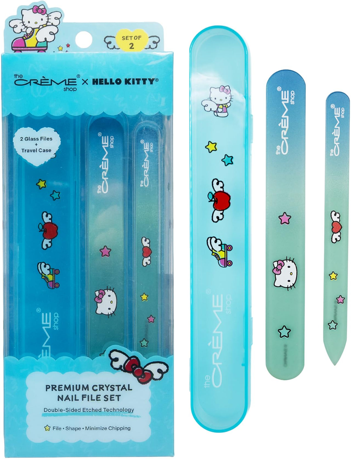 The Crème Shop Juego de limas de uñas de cristal Hello Kitty con estuche de viaje: limas de uñas de cristal grabadas de doble cara para dar forma, suavizar y cuidar las uñas con delicadeza.