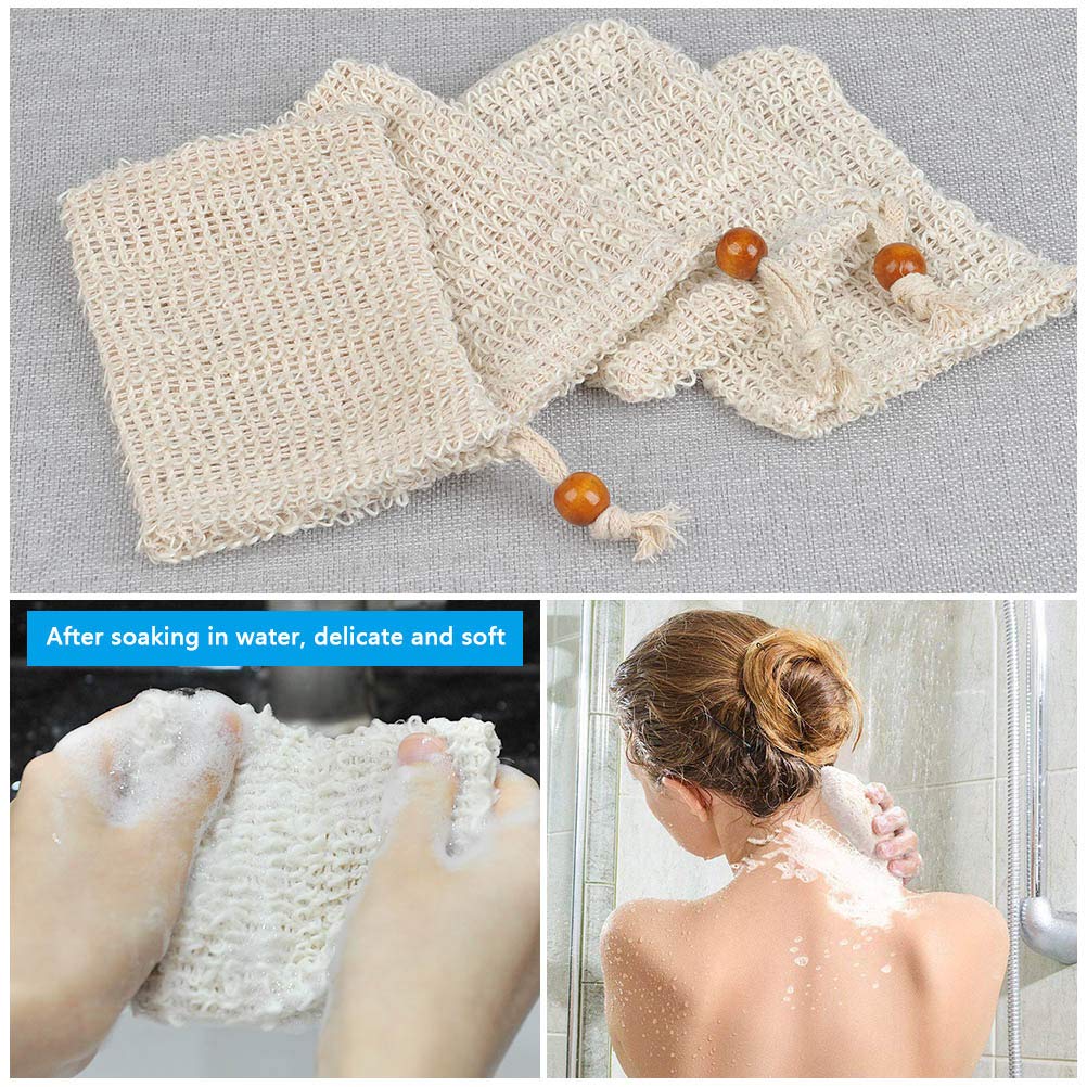 BUYGOO Paquete de 20 bolsas exfoliantes de jabón, bolsa de jabón de malla de sisal hecha a mano con cordón para uso en baño y ducha