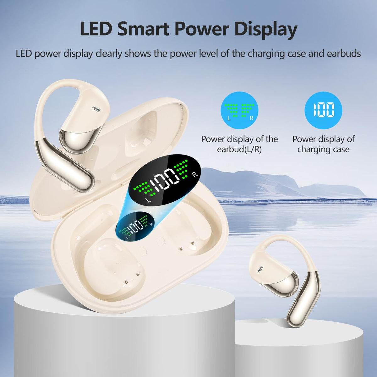 Auriculares Inalámbricos Bluetooth 5.4 con Ganchos IPX7 Impermeables y Funda LED