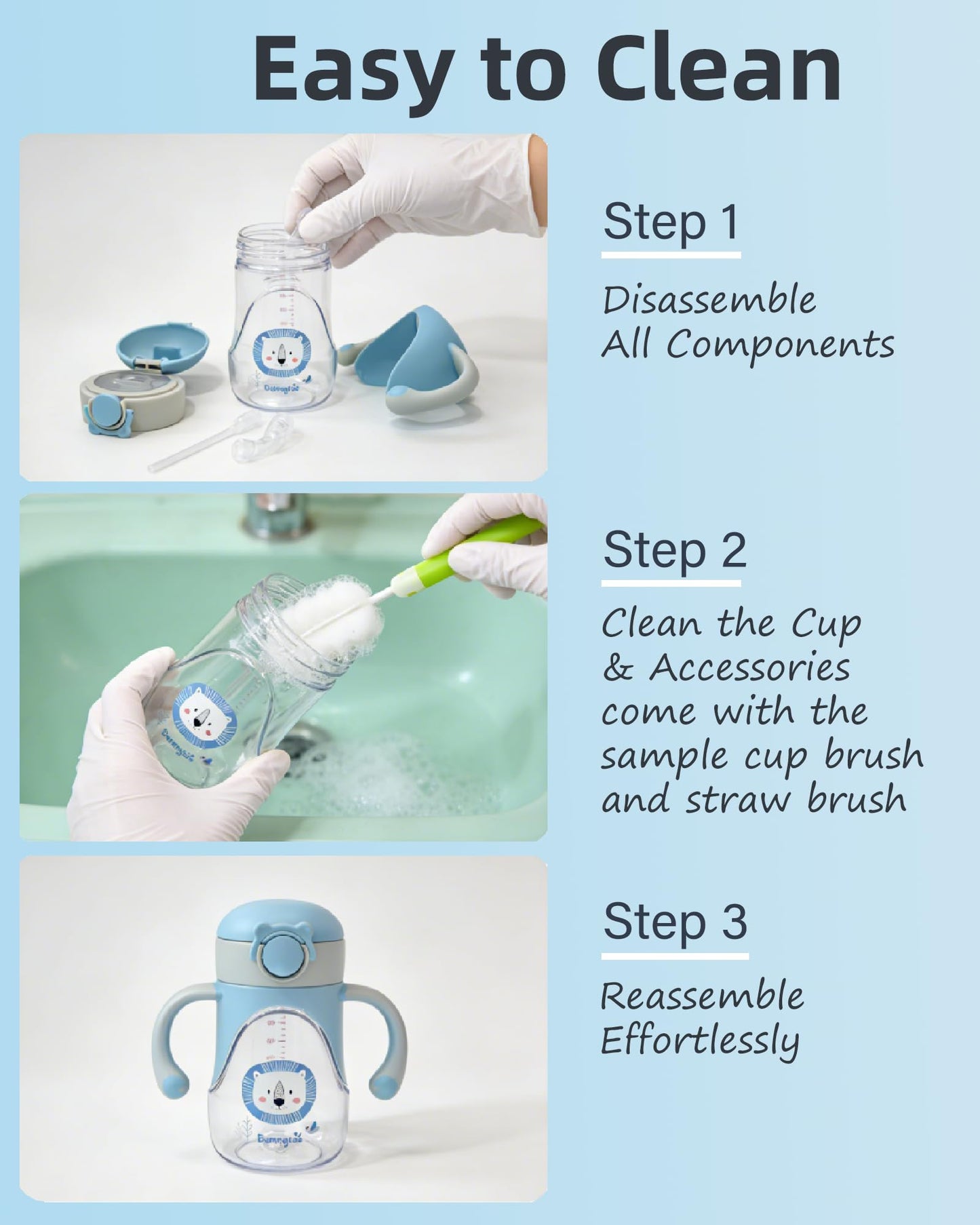 Bunnytoo - Taza para bebé con pajita pesada, taza de transición para estudiantes con boquilla de silicona suave, a prueba de derrames, taza con mango, adecuada para bebés mayores de 6 meses, sin BPA, 8 oz (azul)
