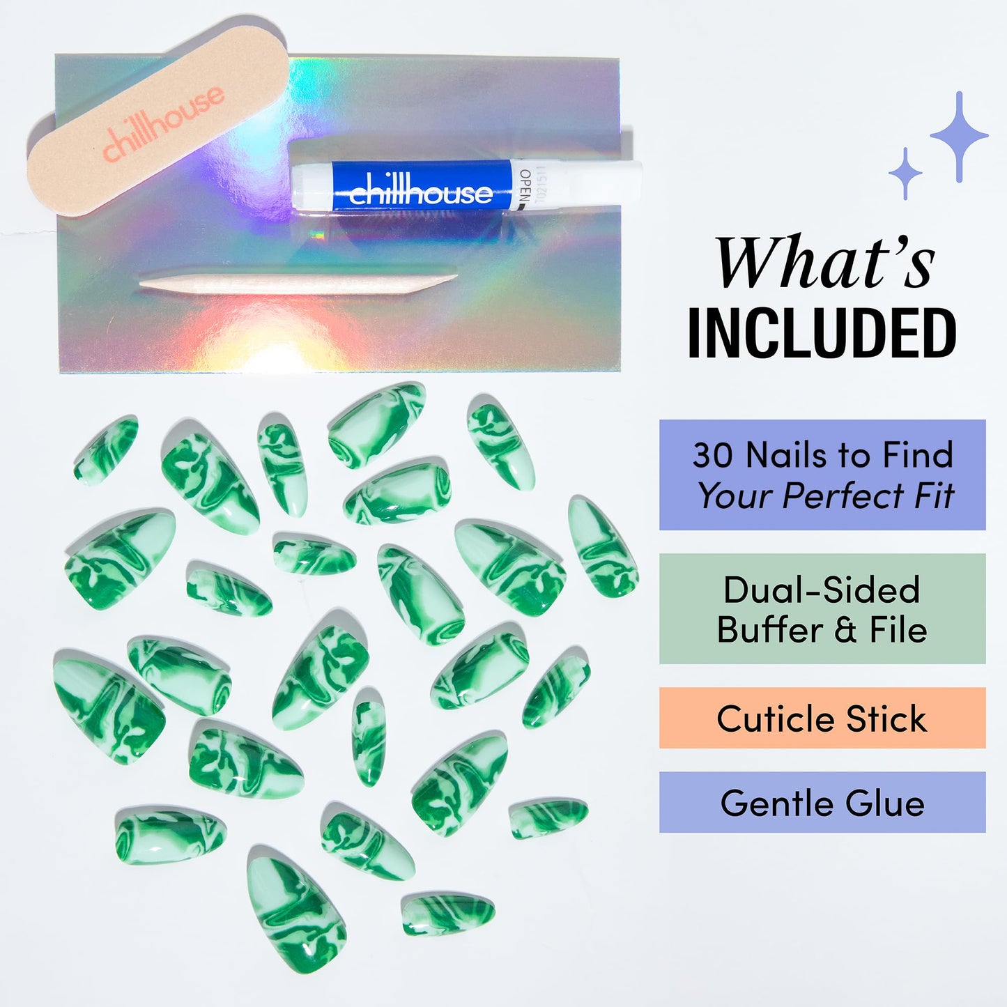 Chillhouse - Kit De Uñas Postizas Chill Tips - She'S A Gem (Almendra) - 24 Formas Y Tamaños De Uñas - Hasta 3 Semanas De Uso - Ajuste Personalizable - Reutilizable - Fundado Por Latinas Y Propiedad De