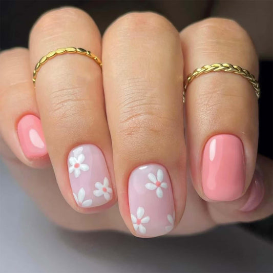 CLYHLTMZ Uñas postizas cuadradas cortas de color rosa con diseño floral, cobertura total, uñas acrílicas reutilizables, uñas adhesivas extraíbles para mujer (24 unidades)