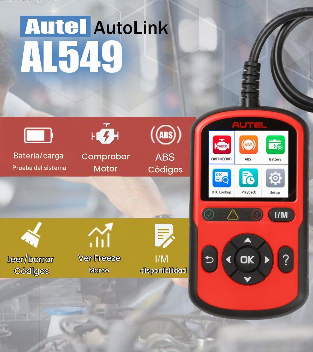 Escáner OBD2 Autel AutoLink AL549 Rojo con Diagnóstico AutoVin y Prueba de Batería para Automóvil
