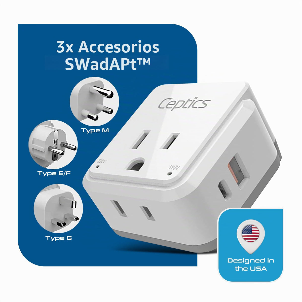 Juego de Adaptador de Corriente Ceptics South Africa Blanco con Doble USB y USB-C para Viaje en África