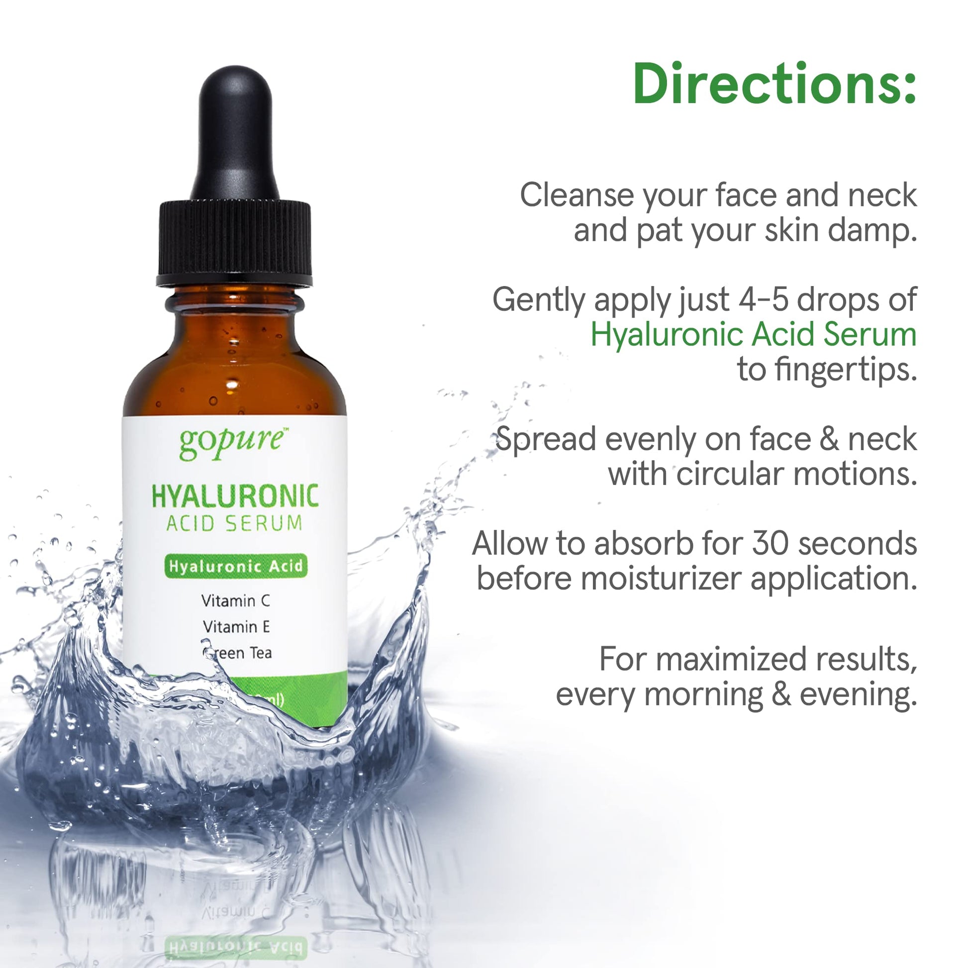 goPure Hyaluronic Acid Serum with Vitamin C, Green Tea & Vitamin E - Hydrating Anti Aging Serum - Hydrates & Plumps the Skin - Dry Skin, Fine Lines, Wrinkles - 1oz