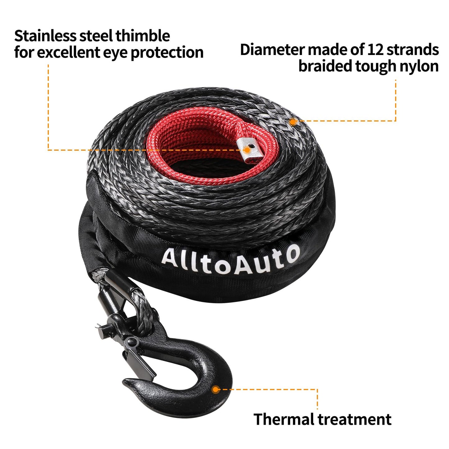 AlltoAuto - Cuerda de cabrestante con gancho, 3/8 pulgadas x 100 pies a 25000 libras Dyneema Cable de línea de cabrestante sintético con funda protectora para camión 4WD, accesorio de cabrestante