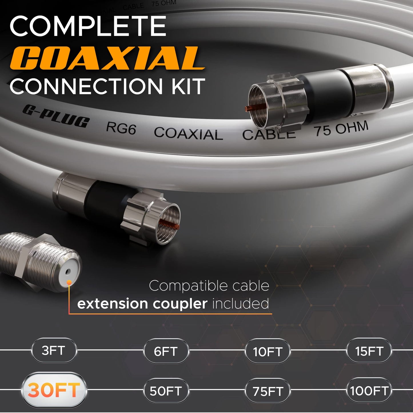G-PLUG Cable Coaxial RG6 75 Ohm, Triple Blindaje, Conectores F Tipo Macho a Macho, Cable Antena TV, Satelital e Internet Banda Ancha, Incluye Acoplador F81, Blanco