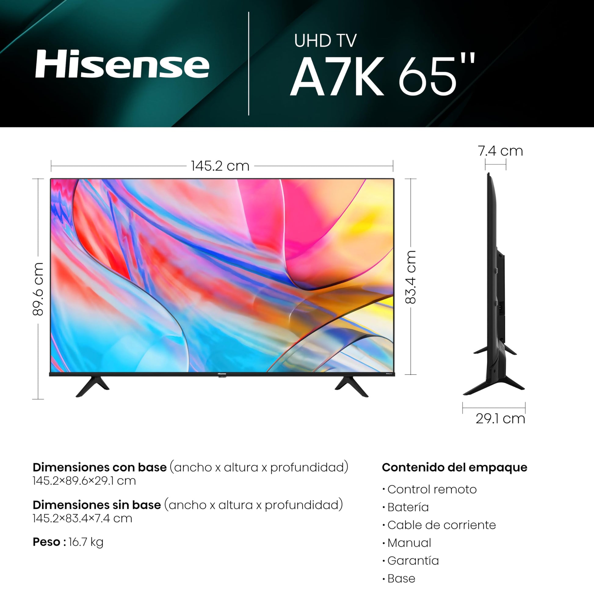 Hisense-Pantalla 4K de 65" 65A7K Google Smart TV 2023